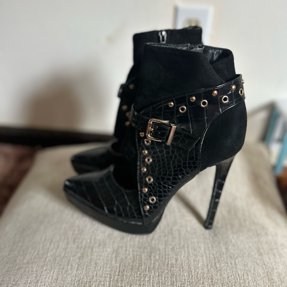 Black Studded Pointed-Toe Ankle Booties